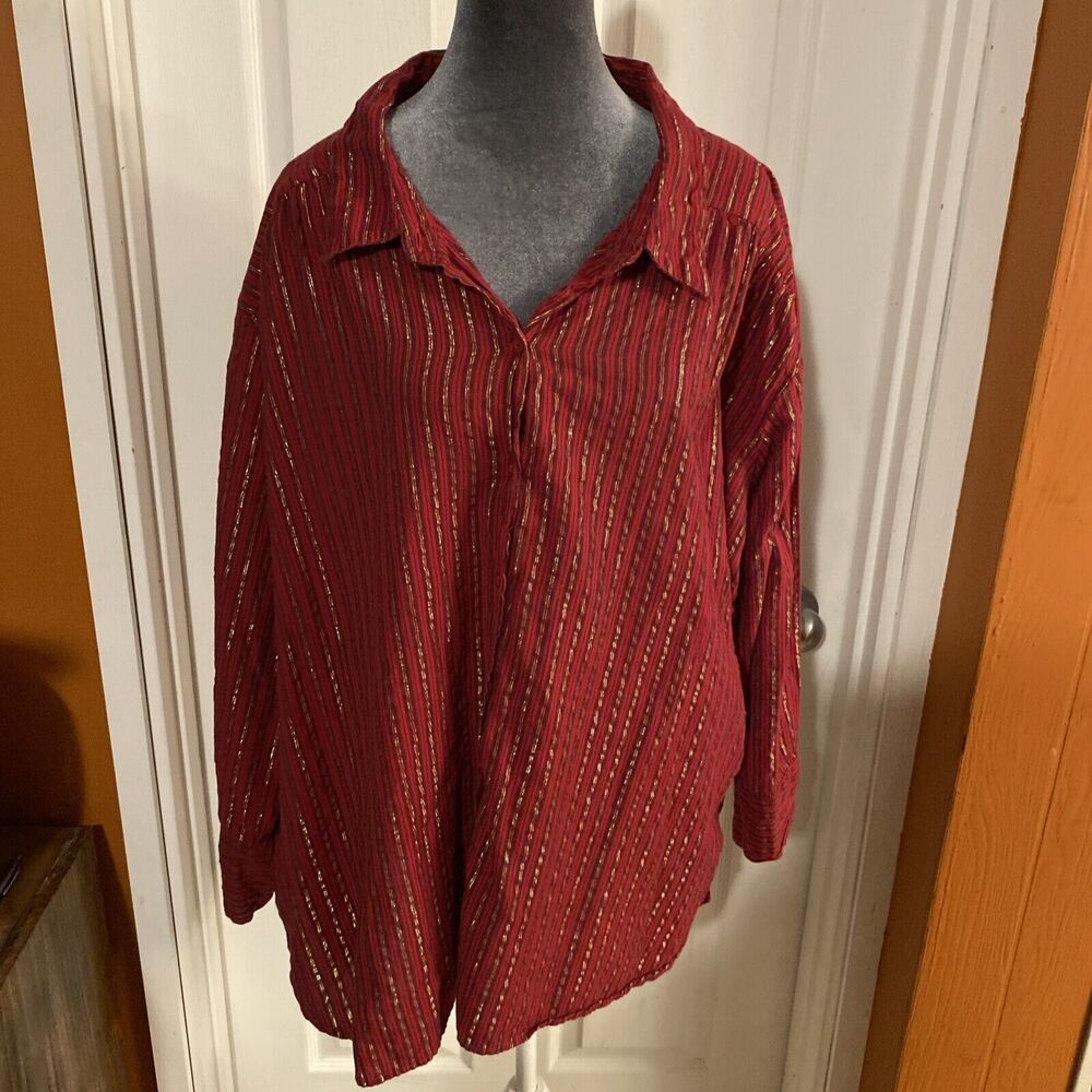 Anthony Richards Button Up Women’s 3X Long Sleeve Red Gold Lurex Stripe India